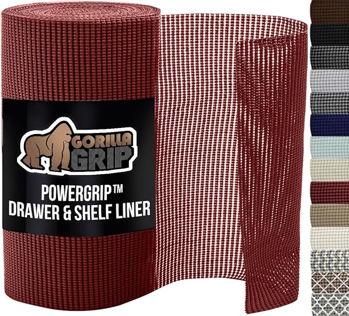 GORILLA GRIP powerGRIP Drawer Shelf and Cabinet Liner, Thick Strong Hold, Non-Adhesive Liners Protect Kitchen Cabinets and Cupboard, Bathroom Drawers, Easy Install, Breathable Mat, 17.5" x10', Red