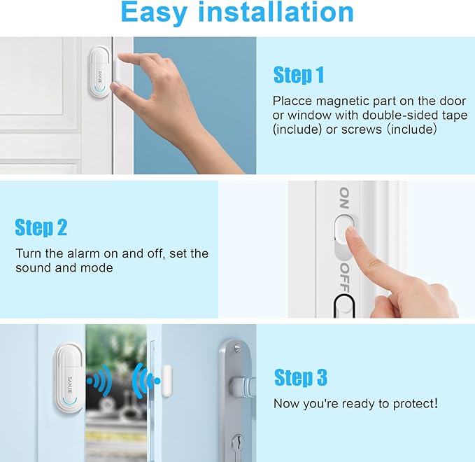 Sanjie Door Alarms for Kids Safety/Home Security/Dementia,Pool Door Alarm Wireless,4 Working Modes,0-120dB Volume Adjustable,Window Door Alarms When Opened,1 Sensor 1 Remote Control