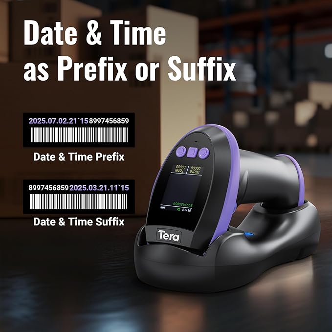 Tera Barcode Scanner Wireless with Screen: Pro Version 1D 2D QR with Setting Keypad Charging Cradle Works with Bluetooth 2.4G Wireless USB Wired Handheld Bar Code Reader HW0009 Purple