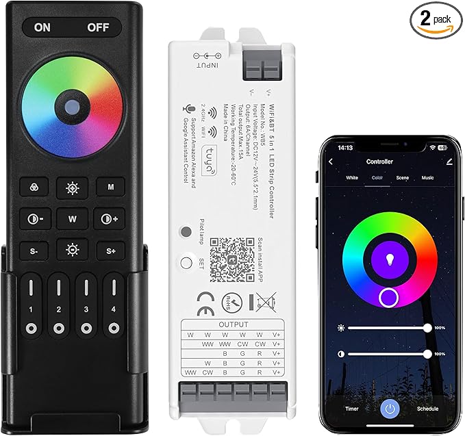 XXK WB5 WiFi PWM 12V/24V LED Controller with RC03RFB RF Remote Control 4-Zone Group, RGB RGBW RGBCCT Strip Lights Controller Kit Compatible with Alexa Google Home Smart Life Tuya APP Control