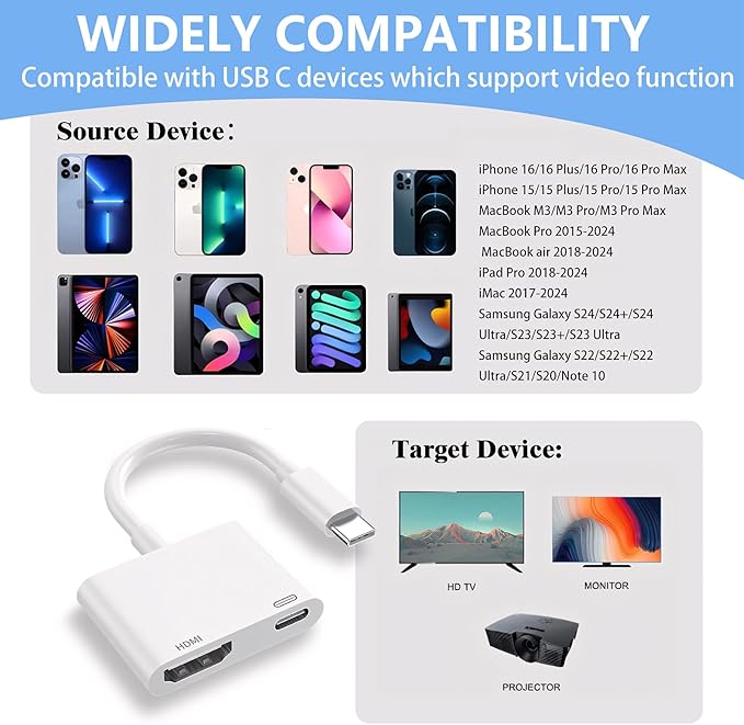 Kinhaly USB C to HDMI for TV, 4K@60Hz Type C to HDMI Adapter with Charging Port, iPhone to Hdmi to USB C Adapter Compatible for iPhone 16/15 Series/iPad Pro/Galaxy/MacBook Pro to HDTV Projector