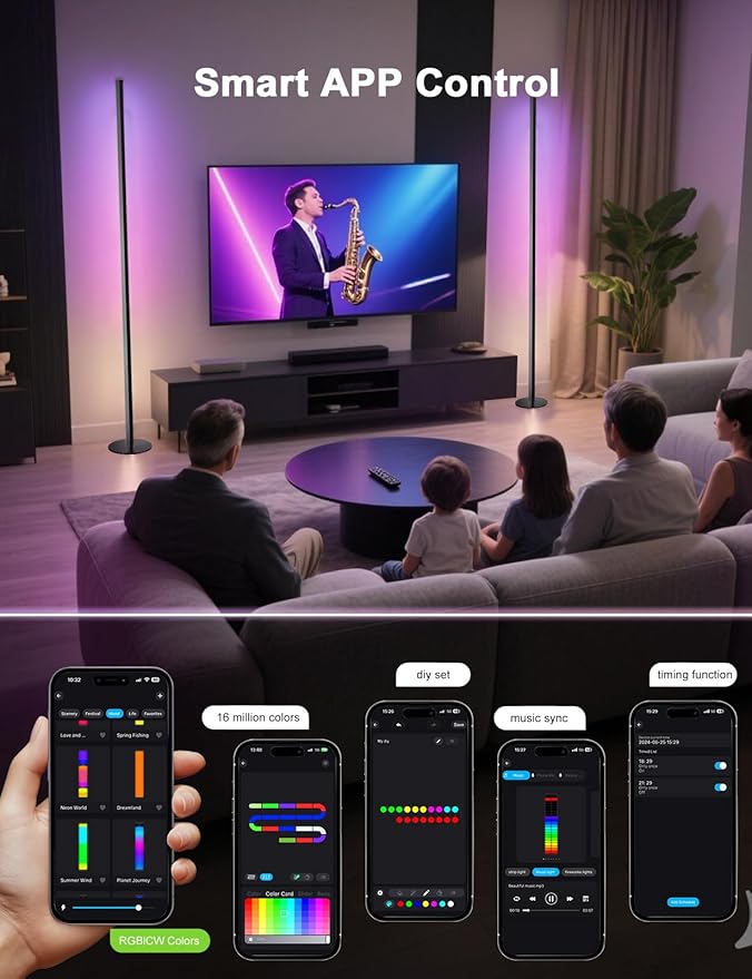 Corner Floor Lamp Compatible with Alexa, Smart LED Corner Lamp 55", APP & Remote Control with Music Sync, 16 Million Colors & Timer, Color Changing Ambient Lighting for Living Room Bedroom Game Room