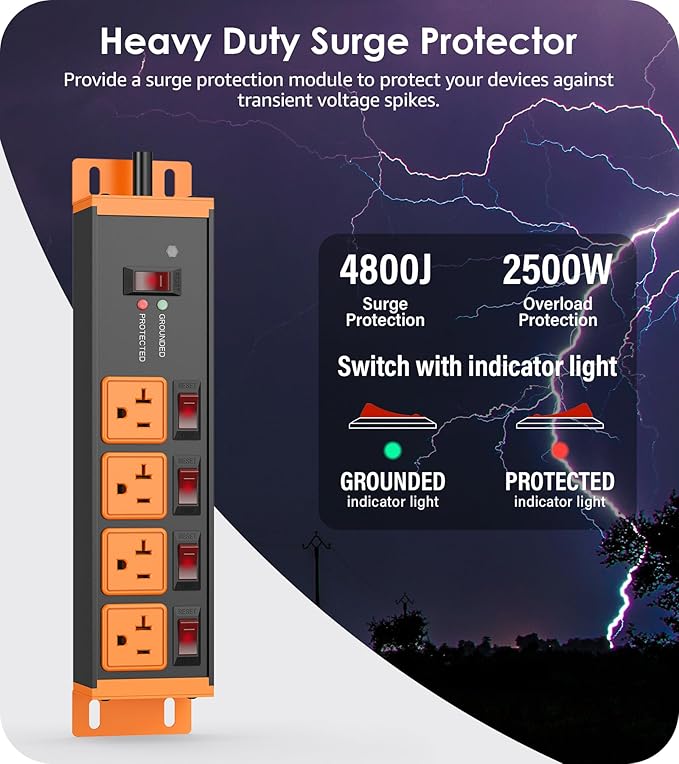CCCEI Heavy Duty Surge Protector Power Strip 20 Amp Individual Switches. 10FT 12 Gauge Extension Cord with Multiple Outlets. Kitchen, Garage, Shop, Industrial Wall Mount Electric Extender, Orange.