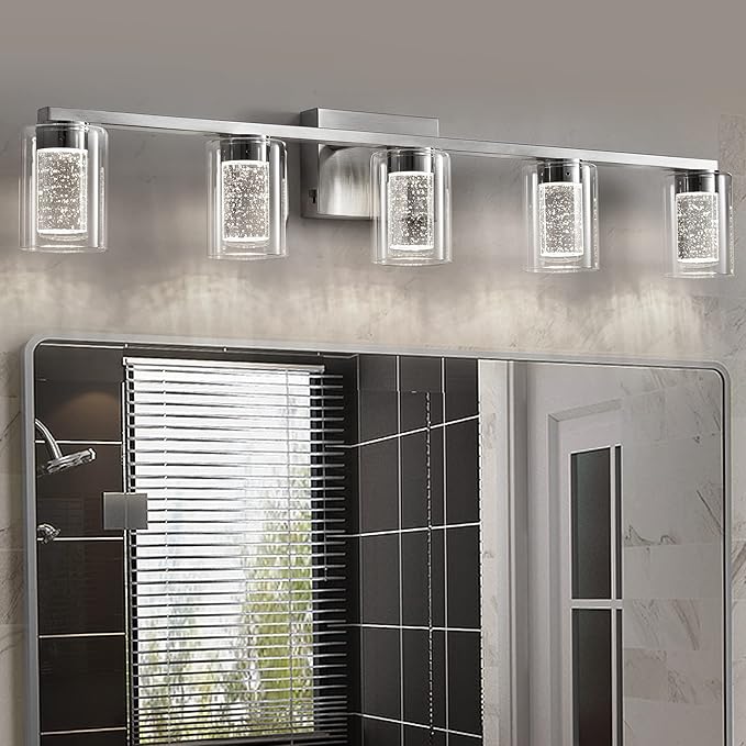 SADENICEL 5 Light Bathroom Light Fixtures, Brushed Nickel Vanity Lights Crystal Dimmable LED White/Neutral/Warm Bathroom Lights Over Mirror for Bathroom, Bedroom,Living Room (5 Light)