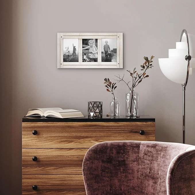 Americanflat Hinged 4x6 Triple Picture Frame with 3 Photo Openings and Polished Glass - Distressed Wood Collage Picture Frames for Tabletop and Wall Display - Hampton Collection - Aspen White
