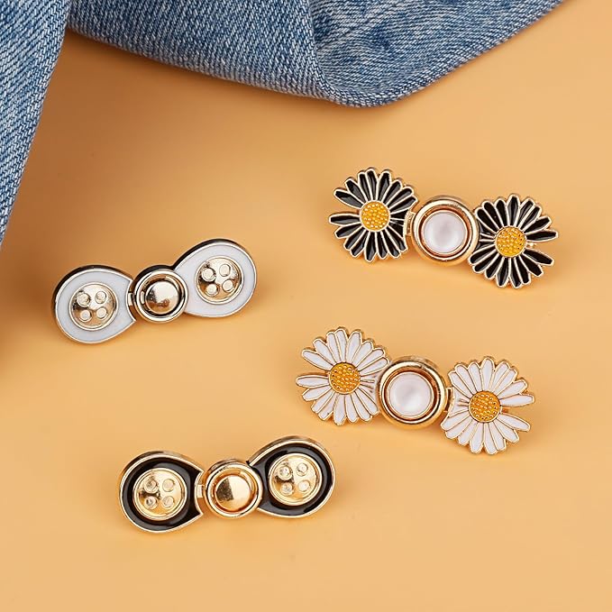 TOOVREN Pant Waist Tightener, Detachable Jean Buttons for Loose Jeans, No Sew and No Tools Button Pins for Jeans, Adjustable Jean Buttons Pins, Daisy Flower Instant Pants Button Tightener 4 Sets