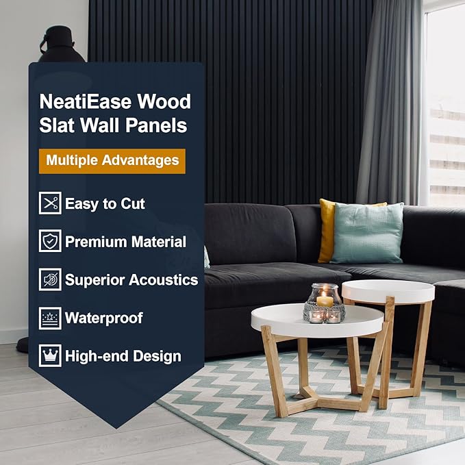NeatiEase Wood Slat Wall Panels, 4-Piece 96" x 12.6", Soundproof & Noise Cancelling, Acoustic Wall Panels (Black)