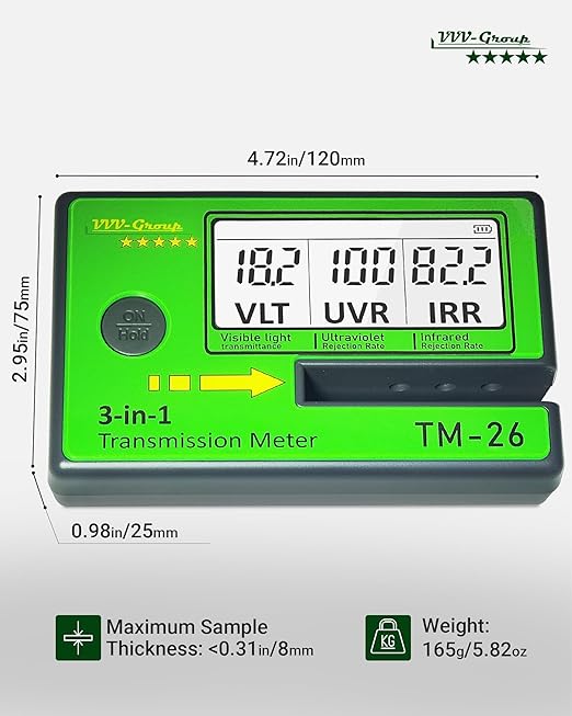 Digital Car Window Tint Meter TM-26 / Side Window Tint, Sun Control Film, VL/UV/IR Transmittance Detection, Tester Meter Gauge (Without PU Case)