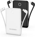 10000mAh Mini Portable Charger with Built in Cable, Pocket Size Power Bank Travel External Battery Pack for Phone, 3 Output USB Type C Cord Clutch Compatible with iPhone, Samsung, 2 Pack Black & White