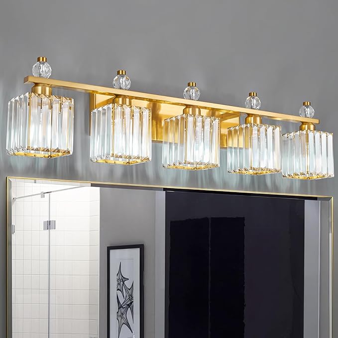 FDPBY Vanity Lights 5-Light Modern Crystal Vanity Light Gold Bathroom Light Fixtures Over Mirror Crystal Bathroom Vanity Lighting Fixtures