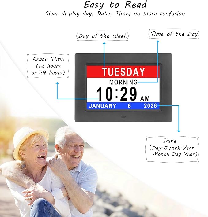 Jaihonda Dementia Clocks for Seniors,7 Inch Clock with Day and Date for Elderly,12 Alarms Option,Auto Dimmable,Large Display Digital Clock with Large Number
