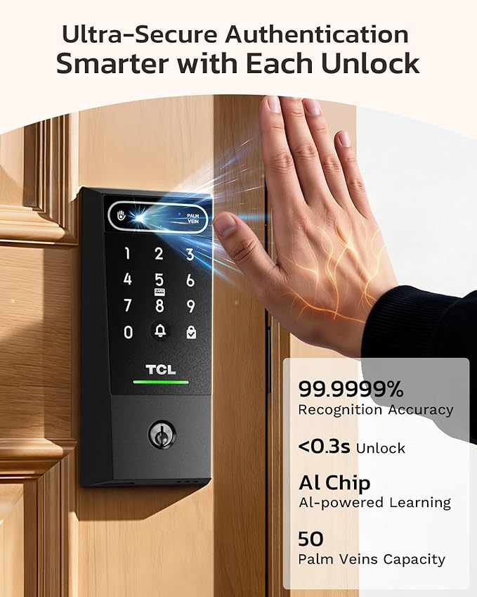 TCL D2 Pro Smart Lock with Palm Vein Recognition, 10000mAh Rechargeable Battery & Wi-Fi, Keyless Entry Door Lock, IP55 Weatherproof, Built-in Doorbell, Auto Lock, Compatible with Alexa, Black
