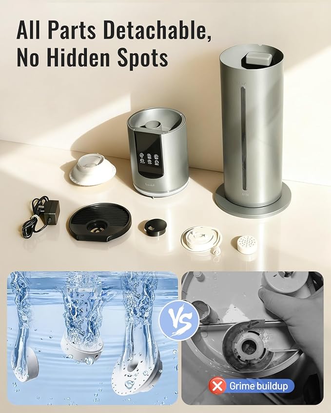 Lacidoll 8L Humidifiers for bedroom, Humidifiers large room up to 500 sq ft, Easy to Clean Humidifier with Washable Parts, Ultrasonic Cool Mist Humidifier for Home Plants Baby Nursery Office, Grey