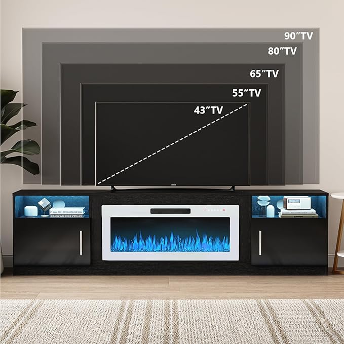 VITESSE TV Stand Fireplace with 36" inch Electric Fireplace Up to 90" TVs, LED Light Entertainment Center, 80" Modern Wood High Gloss with Highlight Storage Cabinet for Living Room (Black)
