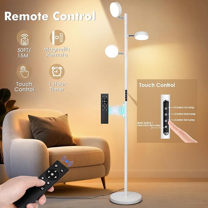 Benaep Tree Floor Lamp for Living Room - Modern White Standing Lamp, LED Floor Light with Remote & Touch, 3000K-6000K Dimmable for Bedroom Office Reading (3 Head)