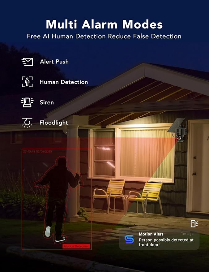 FAMVIVA 2K Solar Security Cameras Wireless Outdoor, 360°PTZ Battery Powered Cameras for Home Security, 2.4G WiFi Outdoor Camera with Color Night Vision, IP66 Waterproof, Motion Sensor Alarm, Black