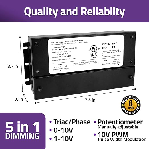 HitLights 200W Dimmable LED Driver, Electronic Transformer, 120V AC to 12V DC Power Supply for LED Strip Light, IP66 Rated, Dimming with TRIAC, 0-10V, 1-10V, Potentiometer, 10V PWM, UL Listed, Class 2
