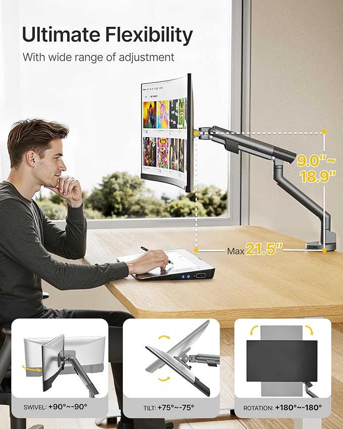 monTEK Single Monitor Arm with USB for 17-40 Inch Screens, Up to 24.25lbs, Heavy Duty Monitor Mount with VESA Mount, Full Motion Adjustment Monitor Stand C-Clamp/Grommet Base,MA1010UCDG