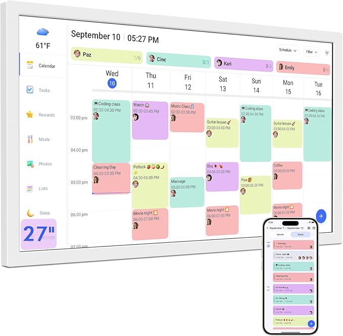 27 Inch Smart Digital Calendar Max, Wall Mountable Electronic Family Planner with Touchscreen, 1920 * 1080 IPS Display for Home & Office, Chore Chart & Event Sync White Gifts for Women