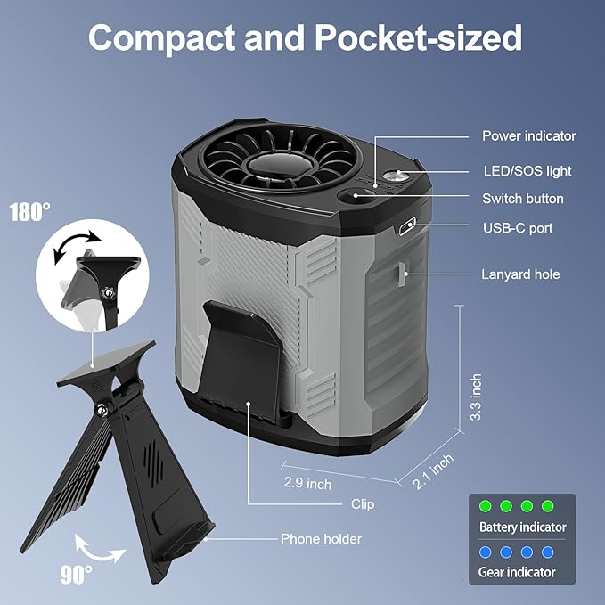 FlarePoint Portable 4-in-1 Waist/Neck/Desk Fan with Phone Stand & LED Light | 10000RPM Ultra-Fast Cooling, 4-Speed Rechargeable Battery | Lightweight for Indoor, Outdoor, Camping, Makeup(Grey)
