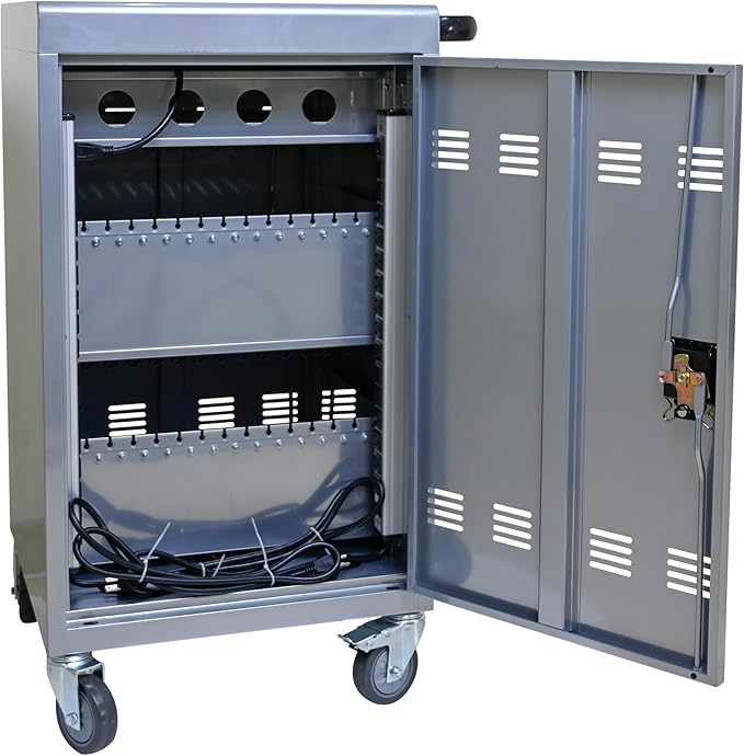 Aokleo Laptop Charging Cart,32 Devices Tablet Storage Carts for Pad Up to 16.3" Screen Size, Classroom Computer Mobile Charging Station for Pads,Chromebooks,Laptops,Security Storage (30+2 Bay-Silver)