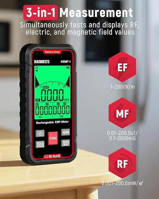 KAIWEETS EMF Detector, 3-in-1 Handheld EMF Meter Detects EF, RF, MF, WiFi Signal, Rechargeable Radiation Detector with 3 Color Backlight and Sound Alarm, Suitable for Home, Office, Ghost Hunting