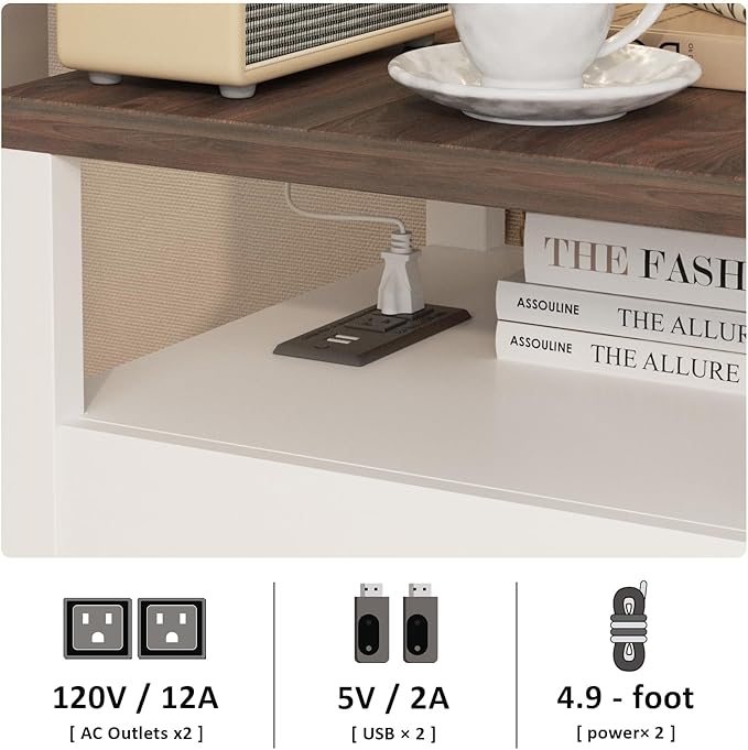 HOSEOKA Farmhouse Nightstand Set of 2 with Charging Station, Rustic End Table Bedroom with Storage Living Room Side Table White Night Stand Industrial Bedside Bed Table with USB Ports and Outlets