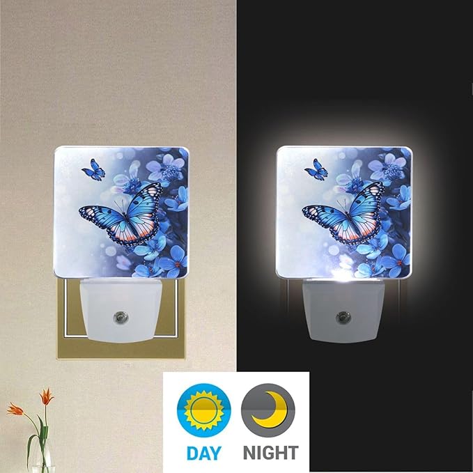 Pigsaly Led Night Light Flowers Blue Butterfly Night Light Plug in Wall Lamp Smart Dusk to Dawn Sensor Nightlight Led Lamp Energy Saving Lights Gift for Kids Room Bedroom Bathroom Hallway