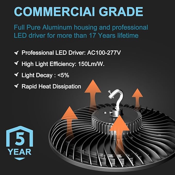 Lightdot 150W Smart LED High Bay Light 22500lm UFO High Bay Shop Light, AC100-277V 5000K Daylight with Plug for 22-32FT Height Barn/Garage -6Pack