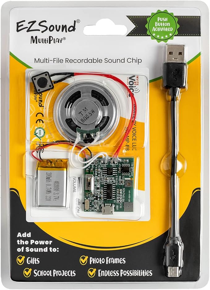 EZSound Multiplay Push Button Recordable Sound Chip | Plays Multiple Recordings | Recordable Sound Module | Push Button Control | Card Sound Recorder | Card Voice Recorder | Custom Button Record