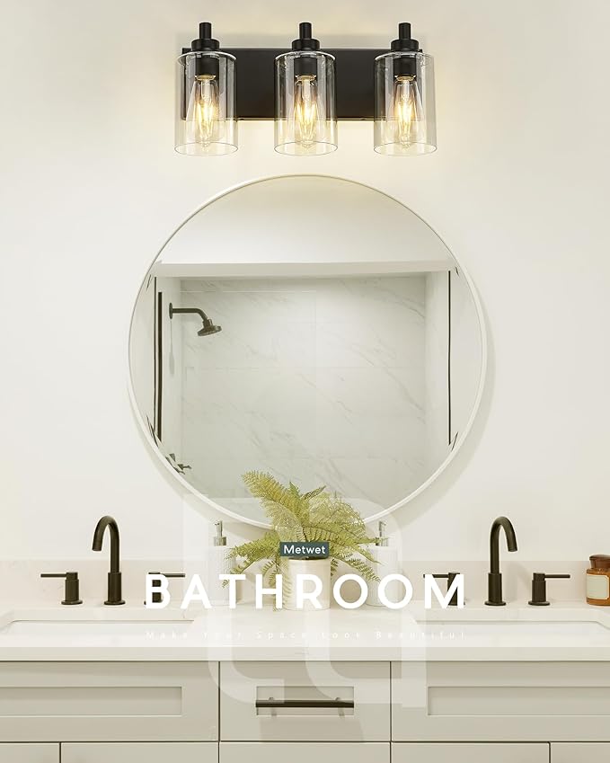 METWET 3-Light Bathroom Light Fixtures, Black Vanity Light with Cylinder Clear Glass Shade, Modern Vanity Lighting Fixtures Over Mirror, VL143-MB-3