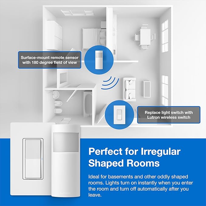 Lutron Wireless Motion Sensor and Claro Light Switch for Closets, Pantries, Basements, for Any Bulbs, Occupancy Vacancy Sensor, Single-Pole/ 3 Way, White