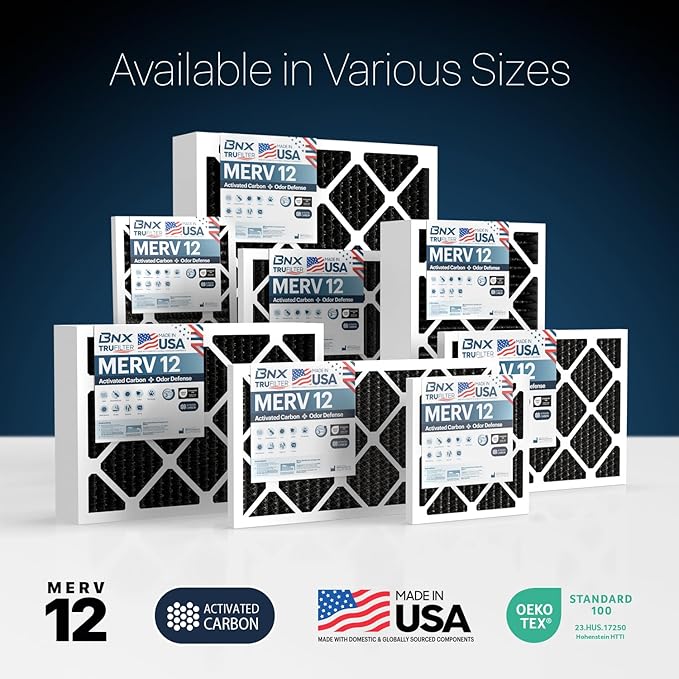 BNX TruFilter 14x30x1 MERV 12 Odor Defense (4-Pack) AC Furnace Air Filter with Activated Carbon - MADE IN USA - Pleated Air Conditioner HVAC AC Furnace Filters - Removes Odor, Mold, Bacteria, Smoke