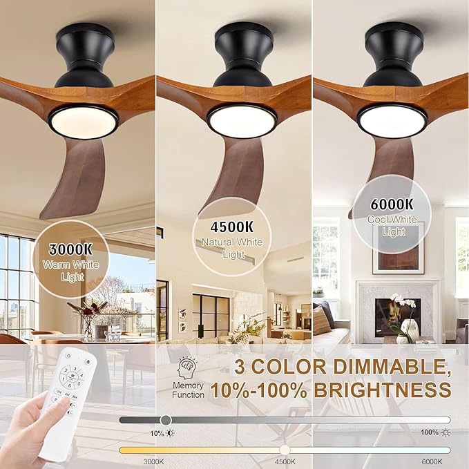52 Inch Ceiling Fans with Lights and Remote Control, Flush Mount Low Profile Ceiling Fan, 6 Speeds DC Reversible Motor Timing Dimmable Ceiling Light,Outdoor Fan for Bedroom Patio Porch Garage