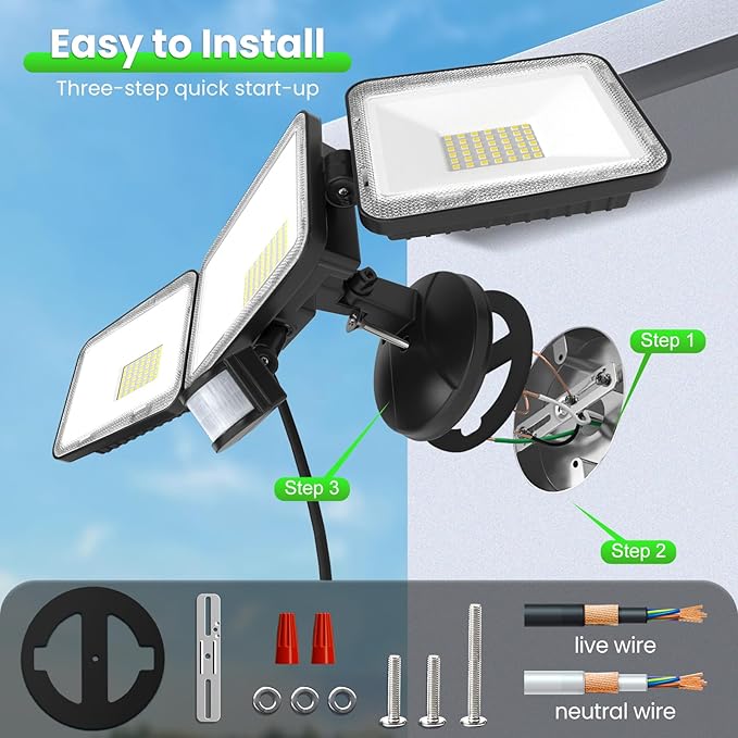 CLY 70W LED Security Lights Motion Sensor Light Outdoor, 6580LM 3 Head Motion Detection Outdoor Lights 6500K IP66 Waterproof, Dusk to Dawn, Flood Light Motion Detector for Entryway Yard Garage