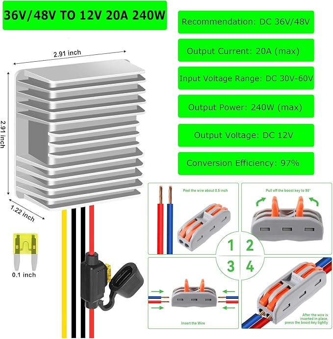 EAGWELL 48V to 12V DC Converter 20A 240W Waterproof Voltage Regulator - Step Down Power Converter for Golf Cart, RV, Truck, Boat - with Fuse Protection (36V/48V Input, 12V Output)