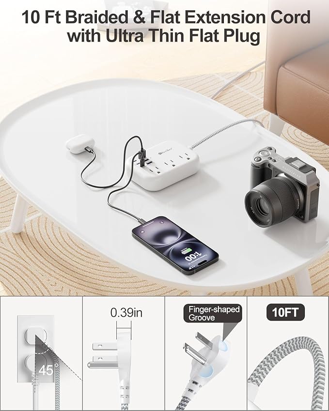 6 USB(3 USB C) Surge Protector Power Strip- Extension Cord 10 Ft with 24W USB Charging Station and 3 Outlets, Flat Plug Long Braided Extension Cord with Multiple Outlets for Home Office College Dorm