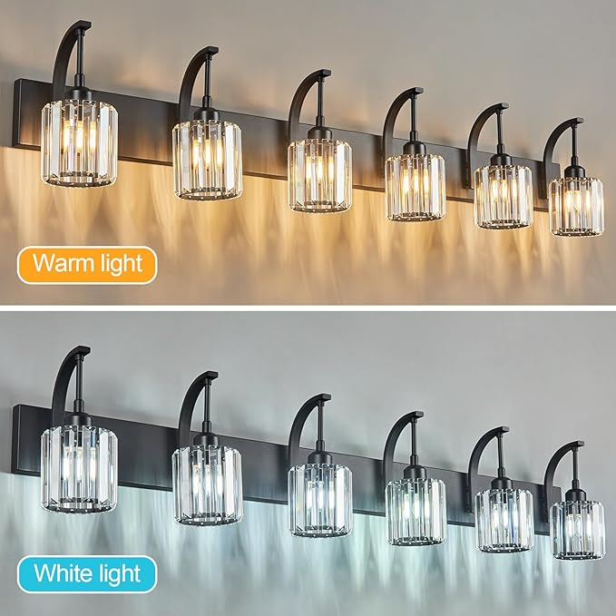 FDPBY 6-Light Crystal Vanity Light, Black Modern Wall Sconce with K9 Crystal Shades, 51.18" Long Over Mirror Lighting for Bathroom, Makeup, Hallway, Elegant & Easy Install