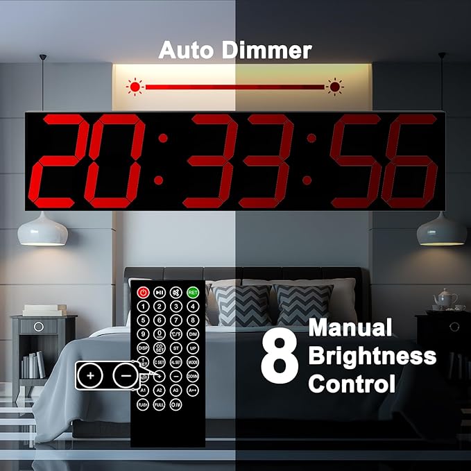 CHKOSDA Digital Wall Clock, Oversize Led Digital Clock Large Display with Auto Dimmer, Huge Countdown Timer with Remote Control, 27" Wide Led Display, 6 Digits, Wall Mount, Date and Temperature (Red)