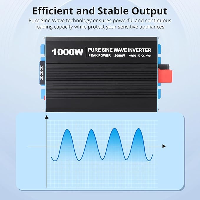 1000W Pure Sine Wave Inverter,1 USB Port 5v/2.1a,LCD Display&Remote Controller for Home, RV, Truck