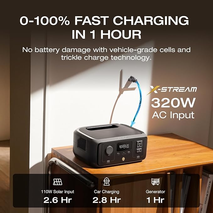 EF ECOFLOW Solar Generator RIVER 3 with 60W Solar Panel, 245Wh Portable Power Station LFP Battery, 300W Up to 600W AC Output, <20 MS UPS, 1Hr Fast Charging Power Station for Outdoor/RVs