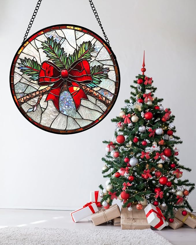 DASTOLL Stained Glass Window Hanging - Pine Branches Red Bow Suncatcher for Doors Home Christmas Decoration Silver Sun Catcher Thanksgiving New Year Birthday Gifts for Women Men Mom Nana 7.8 in