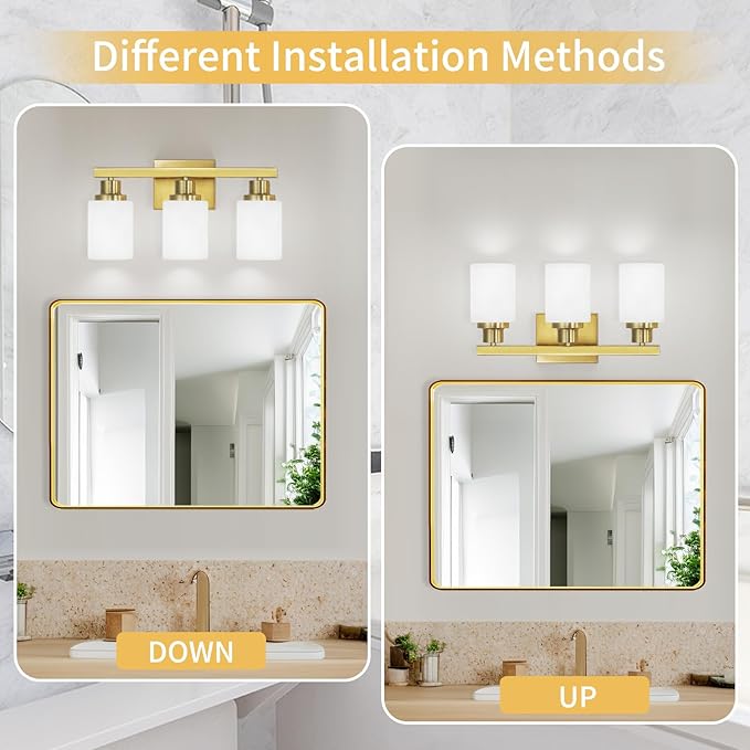 DIKAIDA 3-Light Gold Bathroom Light Fixtures, Modern Vanity Light with Milky White Glass Shade, Gold Wall Lamp Sconces for Mirror, Bedroom, Living Room, Hallway