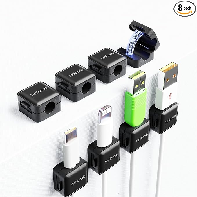 8-Pack Magnetic Cable Clips, Adhesive Cord Holder for Desk, Nightstand, Wall, Car - Secures USB/HDMI/Charger Cables (No Residue, Black)