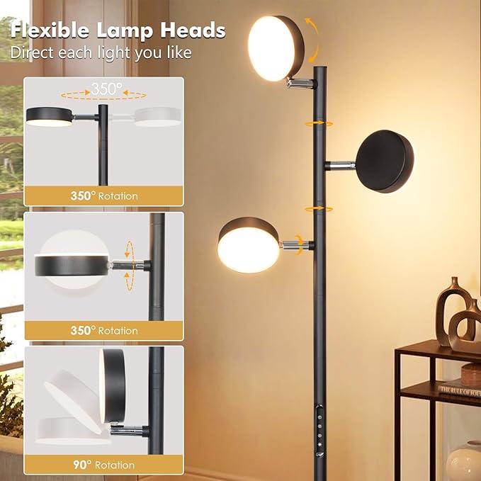 Benaep Tree Floor Lamp for Living Room - Modern Black Standing Lamp, LED Floor Light with Remote & Touch, 3000K-6000K Dimmable for Bedroom Office Reading (3 Head)