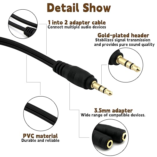 ONXE 2-Pack Gold Plated 3.5mm Stereo Jack Splitter Cable Adapter Connectors ,3.5mm Male To 2 X Female - for Connecting External Speakers or Use Both Output for Speakers For Ipod, Mp3 Player