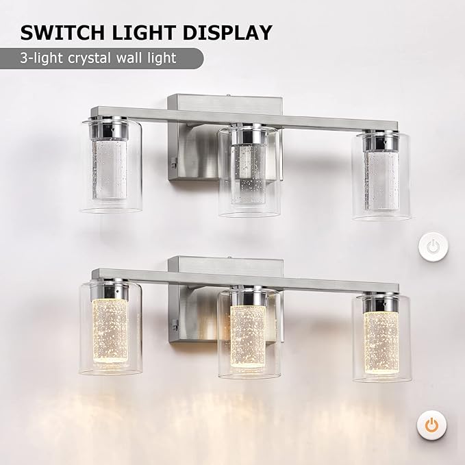 SADENICEL Brushed Nickel Vanity Lights, 3-Light Bathroom Light Fixtures, Crystal LED Bathroom Lights Dimmable White/Neutral/Warm Light with Clear Glass Shade for Bathroom Bedroom Hallway Lighting