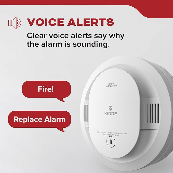 Kidde Smoke Detector for Home, 10-Year Battery Powered, Voice Alerts, LED Light Notifications, 3-Pack