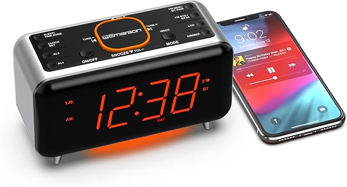 Emerson CKS1521 SmartSet Bluetooth Dual Alarm Clock Radio with 1.4” Orange LED Display, USB Charger, FM Radio, AUX Input, Auto-Dimmer, and Orange Accent Light