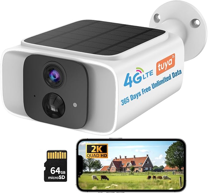 4G LTE Cellular Solar Security Camera Outdoor,365 Days Free Unlimited Data,Tuya Smart Camera,2K Outdoor Surveillance,Color Night Vision, AI PIR Motion Sensor,No WiFi Security Camera ,64GB Storage